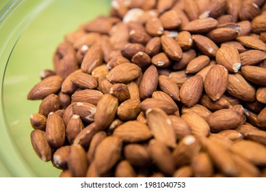 Organic Almonds In A See Through Serving Bowl. Top View