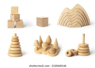 Organic baby teethers isolated on white background. Wooden animal toys set for babies. set of wooden toys isolated on white background. - Shutterstock ID 2120640146