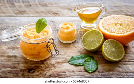 organic citrus scrub homemade on wooden background