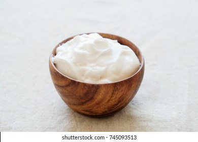 Organic Coconut Yogurt In Wooden Bowl, Dairy Free Yogurt, Probiotic Food