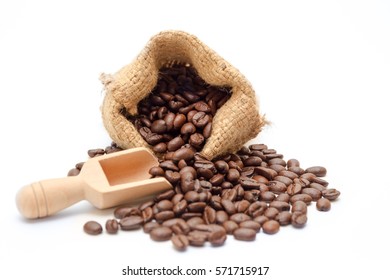 Organic Coffee Beans In Sack On White Background Close Up Isolated.