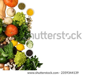 Organic colorful vegetables on isolated white background copy space flat lay presentation frame banner