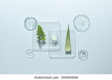 Organic cosmetic product, natural ingredients and laboratory glassware on light background, flat lay