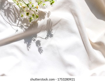 Organic cotton white bed sheets concept frame with chamomile flowers Copy space
