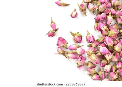 Organic Dried rose buds lifestyle images. Rose buds background photo top view. 