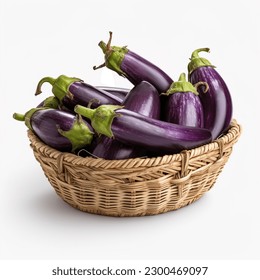 Organic Eggplants in a Basket on White Background