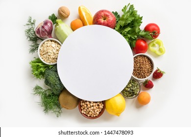 Organic Food Background - Assorted Vegan Food Isolated On White, Creative Layout With Round Copy Space. Healthy Clean Eating Or Diet Concept.