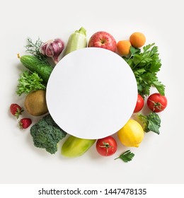 Organic Food Background - fruits and vegetables isolated on white, creative layout with round copy space. Healthy clean eating or diet concept. - Powered by Shutterstock