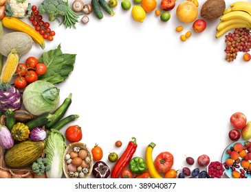 Organic food background. Food photography different fruits and vegetables isolated white background. Copy space. High resolution product - Shutterstock ID 389040877