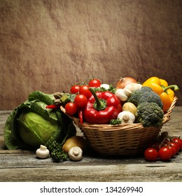 organic food background Vegetables in the basket - Shutterstock ID 134269940