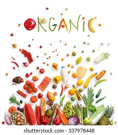 Organic food choice / healthy food symbol represented  by foods explosion to show the health concept of eating well with fruits and vegetables