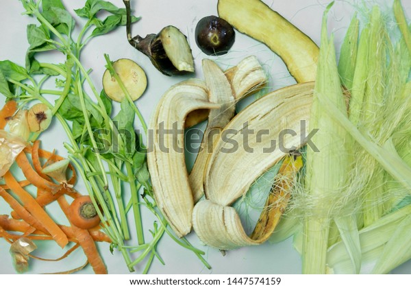 Organic food wastes, shot from above. Zero\
waste, recycle, waste sorting concept - peels and leftovers of\
fruit and vegetables in green\
background.