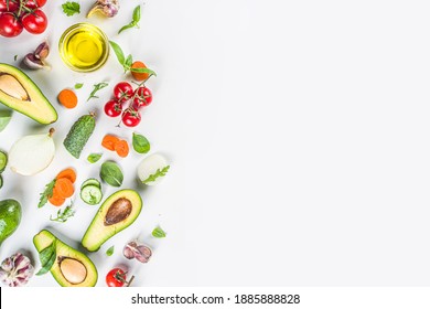 Organic Fresh Raw Vegetables Flatlay. Healthy Food Cooking Background With Various Vegetable Salad Ingredients.  Vegetarian Fresh Raw Food Concept. Top View, Copy Space