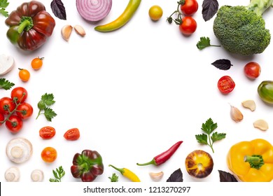 Organic fresh vegetables frame on white background, top view, copy space