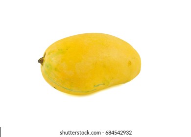 The Organic Fresh Yellow Ripe Sweet Mango On White Background. Closeup Sweet And Juicy Honey Mango. Popular Fruit In Asian And Also In Thailand Can Make Sticky Rice In Coconut And Eat With Tasty Mango