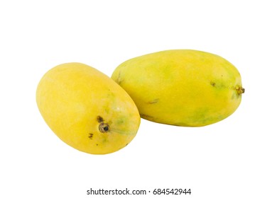 The Organic Fresh Yellow Ripe Sweet Mango On White Background. Closeup Sweet And Juicy Honey Mango. Popular Fruit In Asian And Also In Thailand Can Make Sticky Rice In Coconut And Eat With Tasty Mango