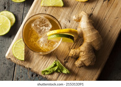 Organic Ginger Ale Soda In A Glass With Lemon And Lime