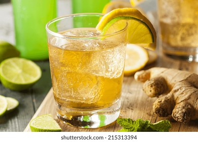 Organic Ginger Ale Soda In A Glass With Lemon And Lime