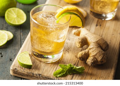 Organic Ginger Ale Soda In A Glass With Lemon And Lime