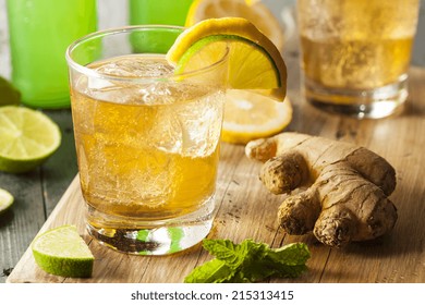 Organic Ginger Ale Soda In A Glass With Lemon And Lime