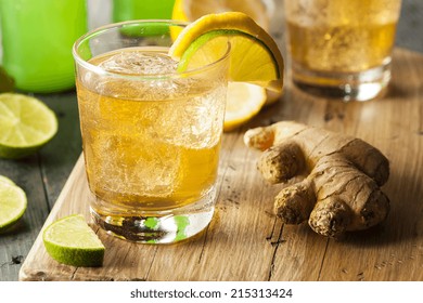 Organic Ginger Ale Soda In A Glass With Lemon And Lime