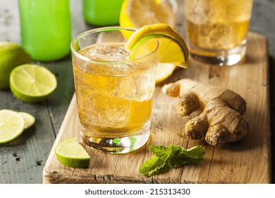 Organic Ginger Ale Soda In A Glass With Lemon And Lime