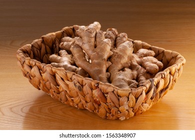 Organic Ginger Root In A Basket Of Water Hyacinth