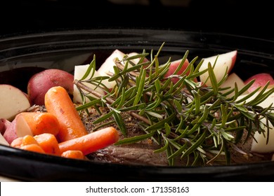 Organic Grass Fed Cross Rib Arm Roast In A Crock Pot With Freshly Cut Rosemary, Orange Carrots, And Red Potatoes