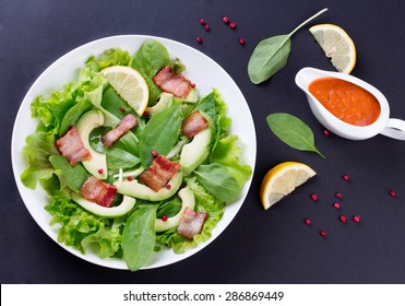 Organic Green Avocado And Spinach Salad With Roasted Bacon