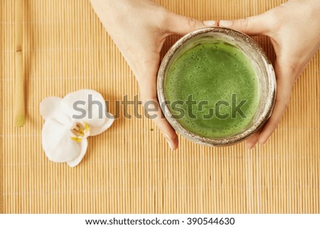 Similar – Image, Stock Photo Matcha latte art with succulent at a coffee shop on a table