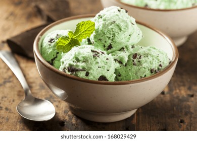 Organic Green Mint Chocolate Chip Ice Cream With A Spoon