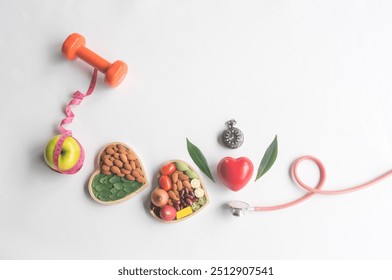 Organic  healthy food  in  wooden  bowl,medical  stethoscope,red heart  shape,dumbbell and  pink  tape  measure  wrapped  around  the  apple  on  white  background  for  the health  concept.Top view. - Powered by Shutterstock