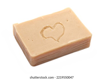 Organic Homemade Soap Bar With Engraved Symbol Heart Isolated On White 