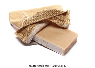 Organic Homemade Soap Bar In Jute Linen Bag Isolated On White 