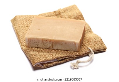 Organic Homemade Soap Bar On Jute Linen Bag Isolated On White 