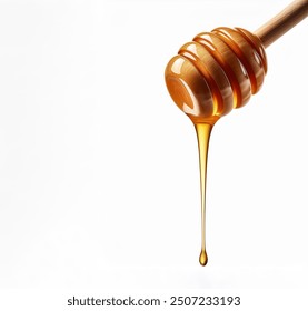 Organic Honey with wooden dipper isolated on white background, healthy food, food blog, minimal background, space for text