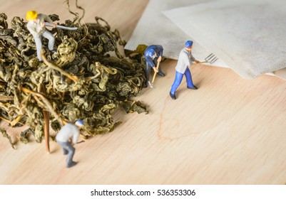 Organic Loose Tea Leaf With Tea Bag And Miniature Figure  People Working On Wood Table