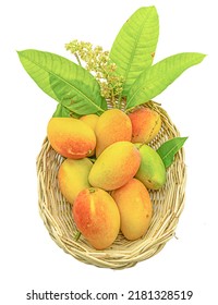 Organic Mango, Local Species, Thai Name, Cheek Daeng, Beautiful Yellow-orange Tropical Fruit On A White Background