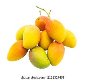 Organic Mango, Local Species, Thai Name, Cheek Daeng, Beautiful Yellow-orange Tropical Fruit On A White Background