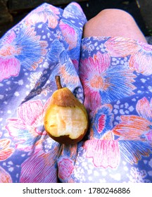 Organic Pear Fruit With Tooth Bite Marks At Female Knees In Dress, Romantic Summer Day Full Of Vitamins