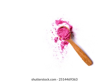 Organic Pink Superfood Powder in a Small Wooden Spoon. Cranberry Powder, Strawberry Powder, Red Dragon Fruit Powder, or Pink Matcha Concept. Top View. Isolated on White Background - Powered by Shutterstock