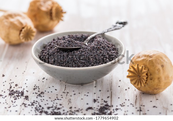 Organic poppy seeds in small bowl\
with poppy heads on wooden background.  Baking\
ingredients.