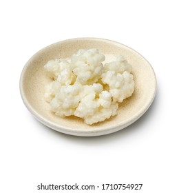 Organic Probiotic Milk Kefir Grains In A Bowl Isolated On White Background 