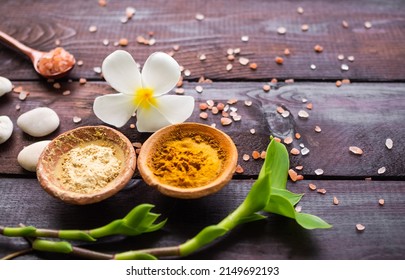 Organic pure Powder Turmeric and Tanaka clay cup with fresh frangipani flowers perfumery,himalaya salt on wooden background. ancient herb herbal of thailand. Aromatherapy Spa set.massage oriental. - Shutterstock ID 2149692193