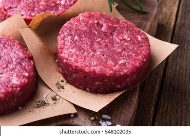 Organic raw ground beef, round patties for making homemade burger on wooden cutting board - Powered by Shutterstock