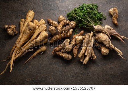 Organic roots, topinambour and horseradish top view [[stock_photo]] © 