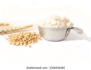 Organic Soft White Wheat With Berries, Stalk Of Grain, And Flour Isolated On White