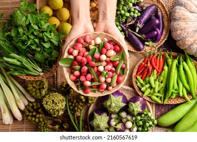 Organic Southeast Asian Vegetables And Fruit From Local Farmer Market In Thailand, Sustainability Concept, Table Top View