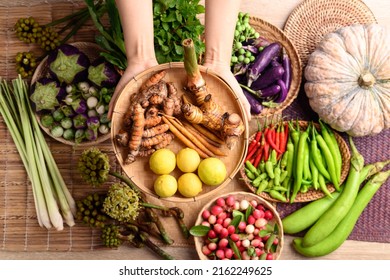 Organic Southeast Asian Vegetables And Spices From Local Farmer Market In Thailand, Sustainability Concept, Table Top View