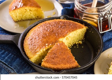 Organic Sweet Cornbread Baked In Castiron Pan.